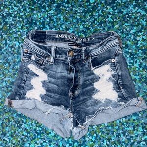 American Eagle Outfitters Distressed Dark Indigo Rolled-Hem Jean Shorts